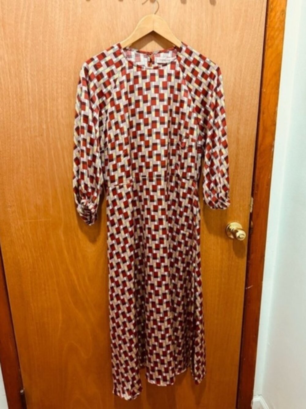 Geometric Print Midi Dress in Rust and Cream